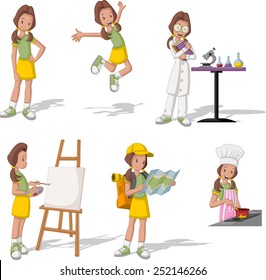 Cartoon teenage girl in different activities.