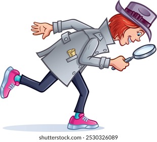 Cartoon of a teenage girl dressed up as retro looking police detective wearing a trench coat and fedora hat and using a magnifying glass while searching for clues.