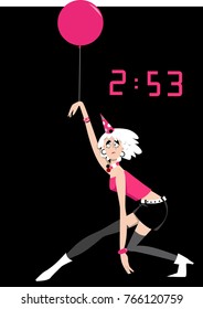 Cartoon teenage girl partying late at night, tired and inebriated, EPS 8 vector illustration