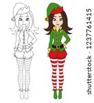 Cartoon teenage girl wearing christmas elf costume. Contour picture for coloring book or paper doll. Hand drawn vector illustration.  