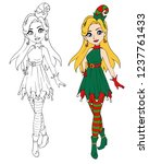 Cartoon teenage girl wearing christmas elf costume. Contour picture for coloring book or paper doll. Hand drawn vector illustration.  