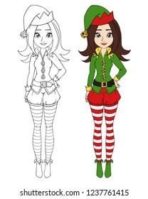 Cartoon teenage girl wearing christmas elf costume. Contour picture for coloring book or paper doll. Hand drawn vector illustration.  