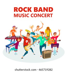 Cartoon Teenage Rock band. Concept music concert background vector illustration.