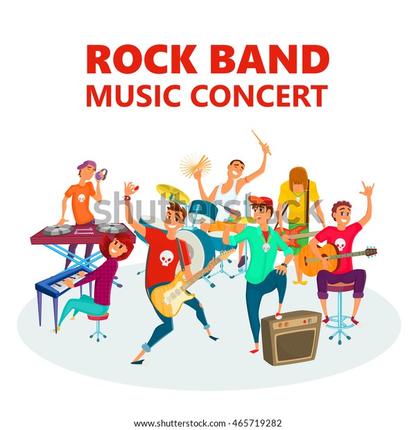 Cartoon Teenage Rock band. Concept music\
concert background vector\
illustration.