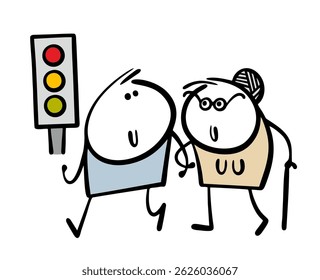 Cartoon teenage volunteer helps an old woman cross the road. Vector illustration of a boy and a grandmother walking near a traffic light at a pedestrian crossing.