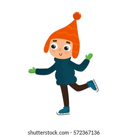 Cartoon teenaged boy with winter skates, vector illustration isolated on white background. Full height portrait of teenage on skates, fun winter activity, outdoor leisure time