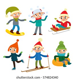 Cartoon teenaged boys in winter clothes, cartoon vector illustration isolated on white background. Full height portrait of teenages, fun winter activity, outdoor leisure time