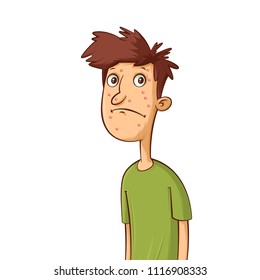 Cartoon teenager boy with acne, facial skin problems