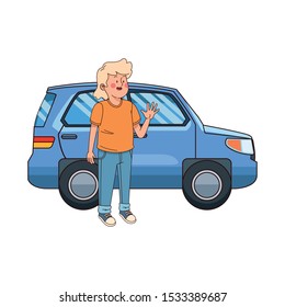 cartoon teenager boy and car icon over white background, colorful design. vector illustration