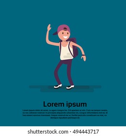 Cartoon Teenager Boy Wave Hand Smile Flat Vector Illustration