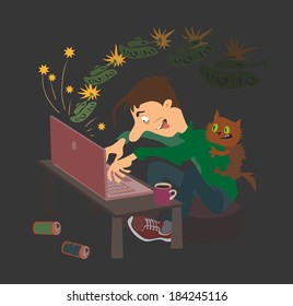 Cartoon teenager enthusiastically playing video games.