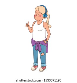 cartoon teenager girl with headphones and thumb up over white background, vector illustration