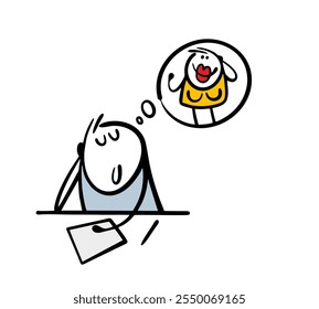 Cartoon teenager in love is sitting in a classroom at school and dreaming of a beautiful girl. Vector illustration of a stickman and a woman with big breasts. The man is distracted from work.