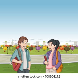 Cartoon teenager students with books and backpack in colorful park.

