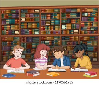 Cartoon teenager students with books on big library. Kids studying.