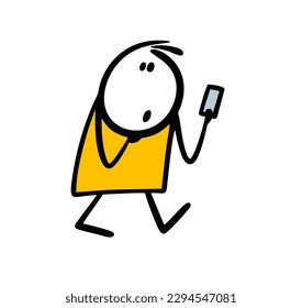 Cartoon teenager watches the news on his smartphone on the go and listens to a fashion bloggers podcast. Vector illustration of a zombie character.