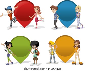 Cartoon teenagers in front of Colorful pointers. Vector arrow label. 