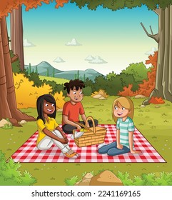 Cartoon teenagers having a picnic in the park with grass and trees. Friends in nature landscape. 
