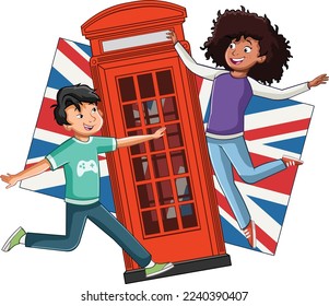 Cartoon teenagers jumping in front of British flag and London telephone booth. English students.
