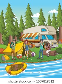 Cartoon teenagers in the nature camping. Camping with van and tent. 