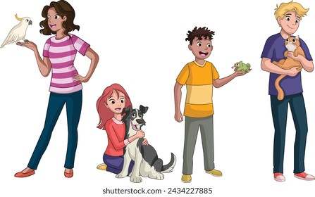 Cartoon teenagers with pets. People with animals.