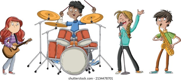 Cartoon teenagers playing on a rock'n'roll band