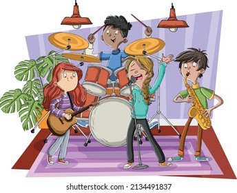 Cartoon teenagers playing on a rock'n'roll band