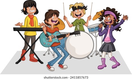 Cartoon teenagers playing on a rock'n'roll band
