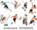 Cartoon teenagers playing various sports. Children playing.

