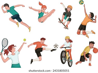 Cute happy and active children playing various sports activities