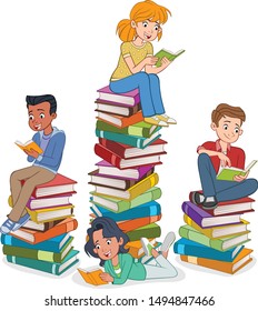 Cartoon teenagers reading books. Students over piles of books.