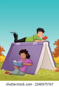 Cartoon teenagers reading books. Students reading over big book.