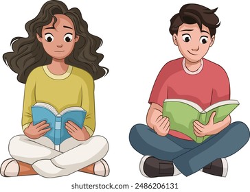 Cartoon teenagers reading books. Students reading big books.
