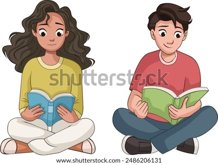 Cartoon teenagers reading books. Students reading big books.
