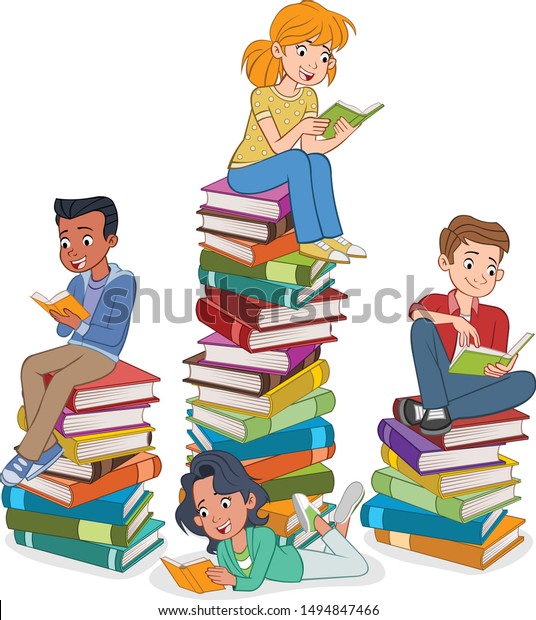 Cartoon Teenagers Reading Books Students Over Stock Vector (Royalty ...