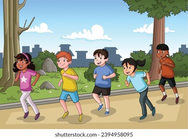 Cartoon teenagers running in the park. Children running with friends. Kids jogging.
