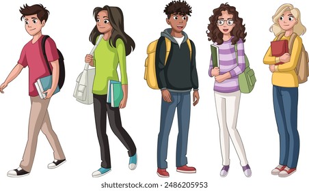 Cartoon teenagers students. Students walking and standing up.
