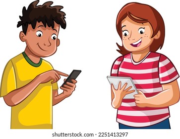 Cartoon teenagers using smart phone and tablet. 
