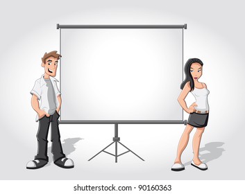 Cartoon teenagers and white billboard with empty space. Presentation screen.