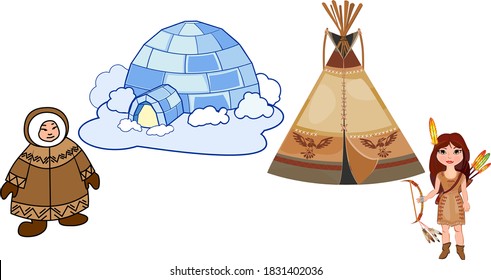 Cartoon teepee (tipi) and igloo. Traditional dwelling