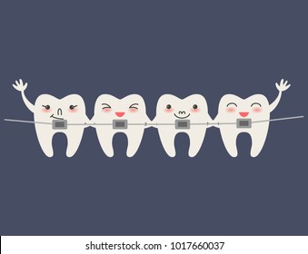 Cartoon Teeth With Braces On Blue Background. Vector Illustration.