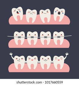 Cartoon Teeth with braces on dark background. Vector illustration.