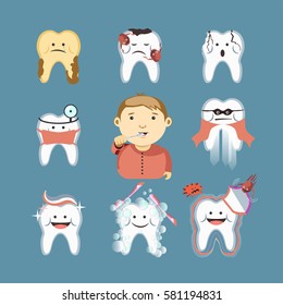 Cartoon teeth brushing for child with healthy tooth or cavity disease prevention, toothbrush and toothpaste for children dentistry template icons