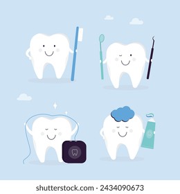 Concepto de cuidado e higiene de dientes de dibujos animados. Dientes felices con hilo dental, cepillo de dientes y pasta de dientes. Tratamiento e higiene. Cuidado oral. Colección de dientes alegres y saludables. ilustración vectorial plana