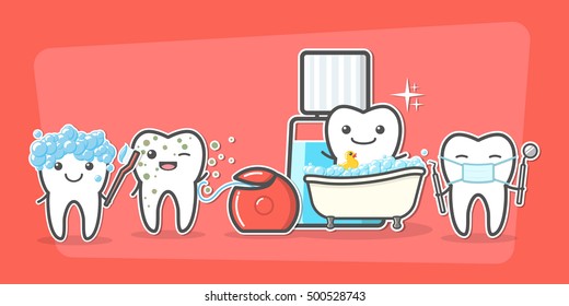 Cartoon Teeth Care And Hygiene Concept. Floss, Toothbrush, Mouthwash, Mirror, Probe. Treatment, And Hygiene. Healthy Happy Teeth Vector Illustration