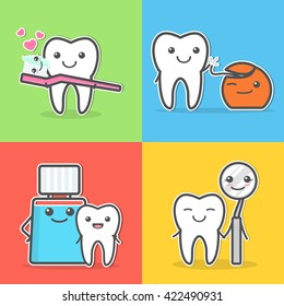 Cartoon teeth care and hygiene vector illustrations. Oral hygiene. How to care for your teeth concept. Healthy tooth. Tooth brushing, flossing,mouth washing and visit the dentist. Vector illustration