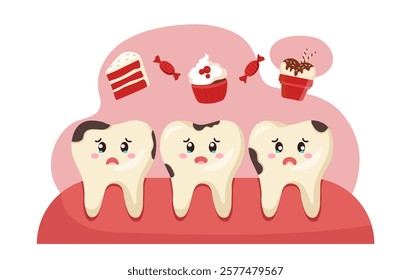 Cartoon teeth with cavities looking sad while sugary treats like cake, candy, and ice cream hover above. Pink background. Concept of dental health. Vector illustration