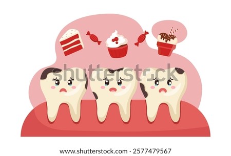 Cartoon teeth with cavities looking sad while sugary treats like cake, candy, and ice cream hover above. Pink background. Concept of dental health. Vector illustration