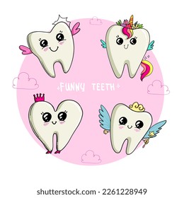 Cartoon teeth character. Funny tooth illustration drawing in fairy style with characters unicorn, cupid, princess, butterflies. Dude kids monsters