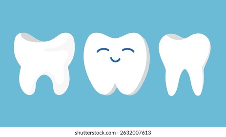 Cartoon teeth characters. Cute tooth mascot face emoji, vector illustration, on blue background 